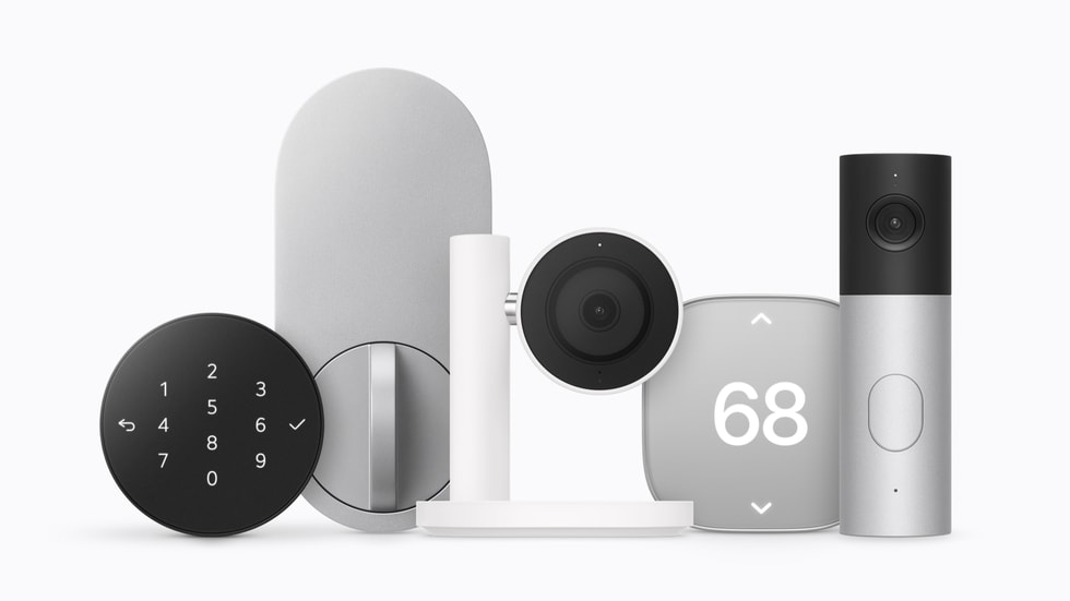 Apple Home Collection lineup: LG Smart Deadbolt Lock, LG Indoor Cam, LG Video Doorbell, and Schneider Electric Smart Thermostat